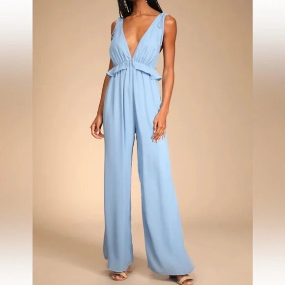 LULUS NWT EMBRACE THE ROMANCE LIGHT BLUE BACKLESS WIDE LEG JUMPSUIT - Picture 1 of 11